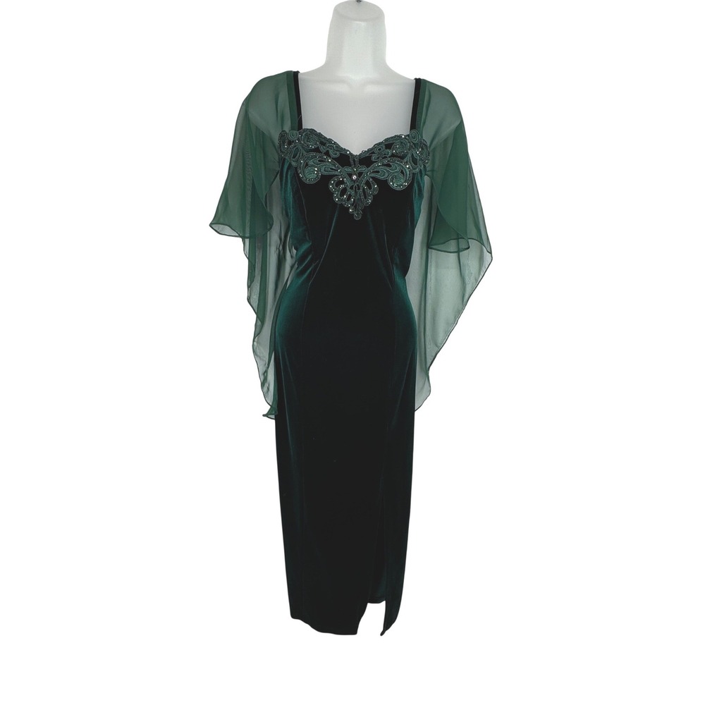 Vintage Butterfly Emerald Green Velvet Maxi Dress Sheer Capelet Applique Size S
